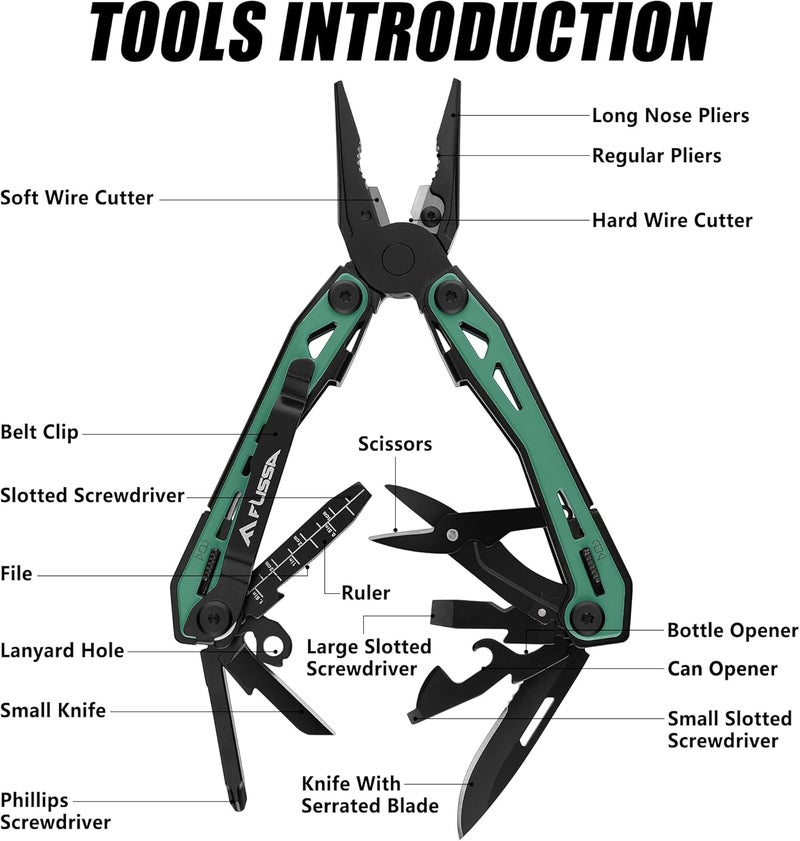 FLISSA 16-in-1 Multi Tool Pliers, Gifts for Men, Stainless Steel EDC Multitool with Pocket Knife, Belt Clip and Oxford Pouch, Self-locking Multipurpose Utility Multi-Tool for Camping Survival Outdoor - Image 3